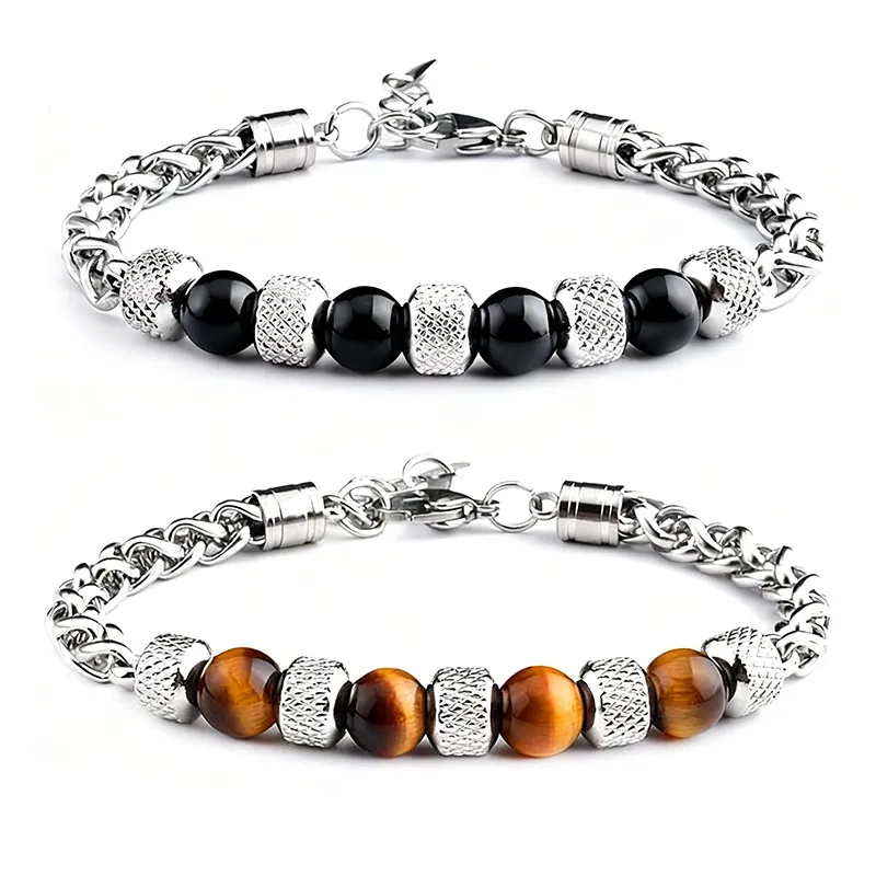 Beaded Bracelet Stainless Steel Tiger Eye Stone Black Agate Adjustable Braided Chain Retro Modern Jewelry For Men