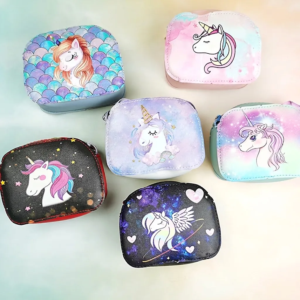 Unicorn Cartoon Kids Crossbody Bag PU Leather Small Square Shoulder Purse For Girls Adjustable Strap Cute Fashion