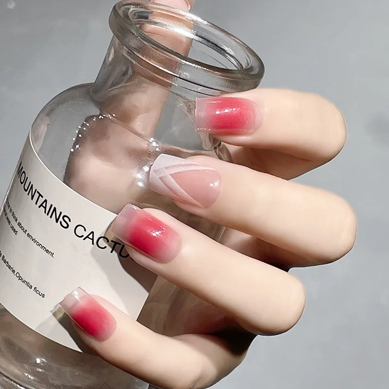 Pink Ombre Press On Nails Short Square Round White Geometric V Lines Gradient Design Glossy Plastic Fake Nails With Glue