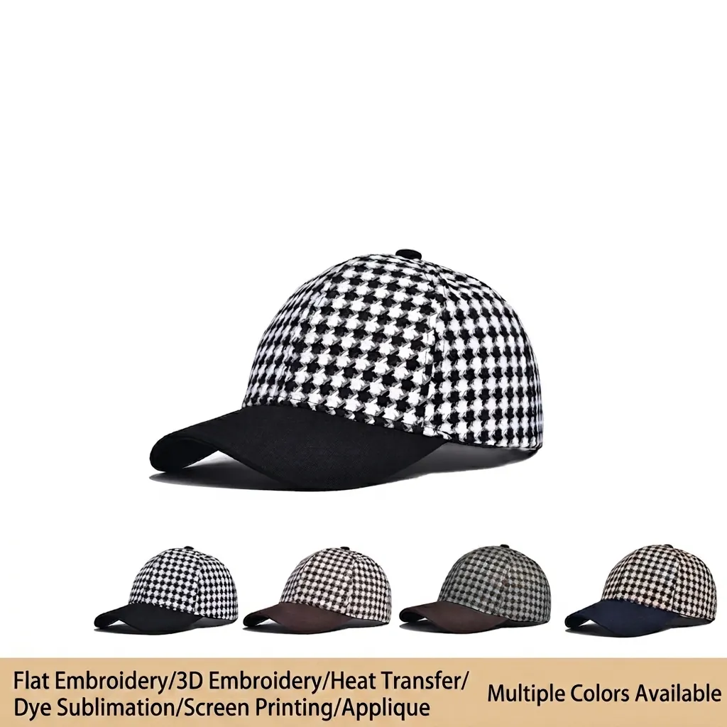 Vintage Houndstooth Baseball Cap Cotton Polyester Blend Adjustable Sunshade Retro Fashion Hat For Men And Women