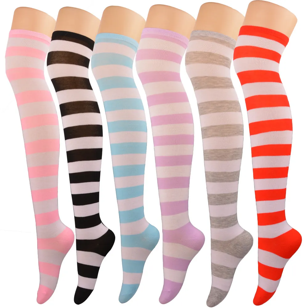 Chaussettes au-dessus du genou rayées pour femmes Style japonais Chaussettes hautes tricotées Polyester élasthanne Nylon pour Cosplay