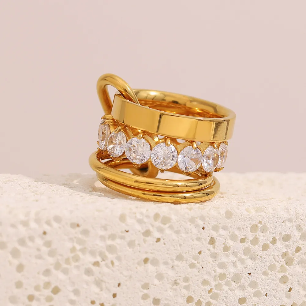 Multi-Layer Wide Band Ring Stainless Steel 18K Gold Plated Cubic Zirconia Exaggerated Retro Fashion Jewelry For Women