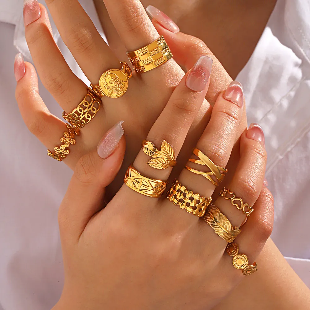 Vintage Geometric Open Ring Stainless Steel 18K Gold Plated Adjustable Chain Leaf Heart Floral Fashion Jewelry Women