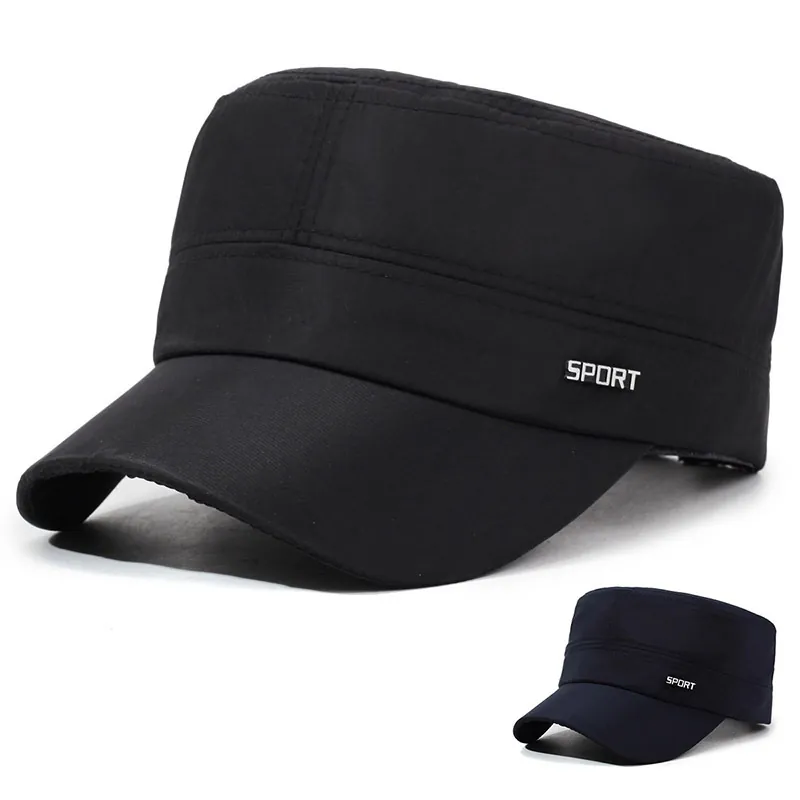 Men Cadet Cap Flat Top Hat Cotton Polyester Adjustable Breathable Mesh Lining Sun Protection Outdoor Casual Sport