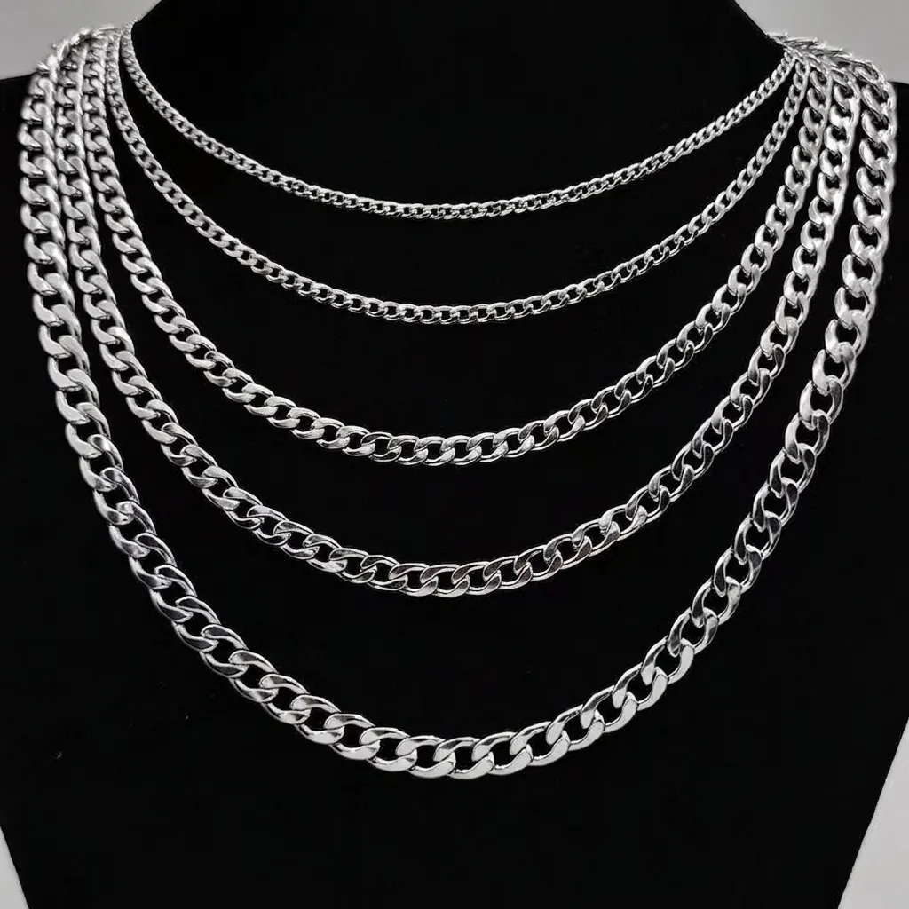 Cuban Link Chain Necklace Stainless Steel Silver Color Punk Hip Hop Streetwear Style For Men And Women