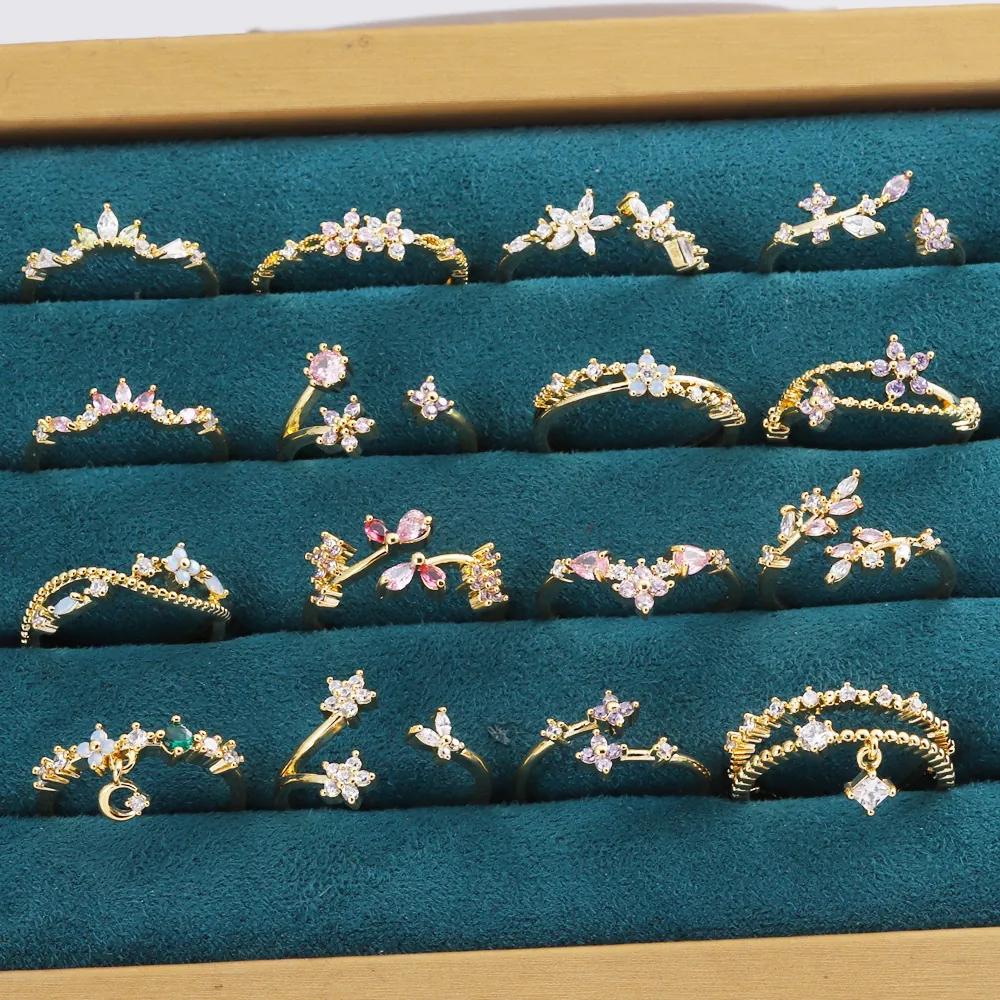 Bague Papillon Fleur Couronne Cœur Laiton Plaqué Or 18K Zircon Ajustable Anneau Ouvert Esthétique Féerique Femme