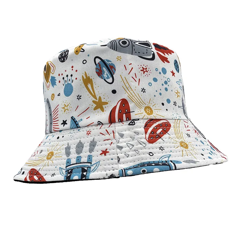 Sombrero de Pescador de Algodón para Hombres Mujeres Estampado de Espacio Cohete Planeta Estrella Protección Solar Sombrero de Viaje
