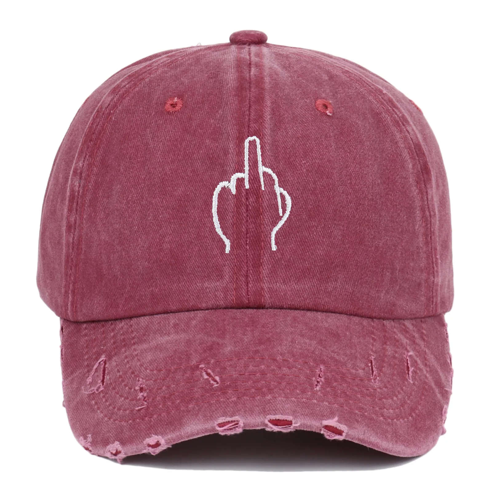 Distressed Washed Cotton Baseball Cap Middle Finger Embroidery Vintage Streetwear Adjustable Hat
