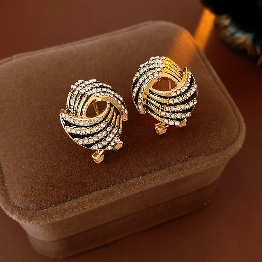 Boucles D'oreilles Vintage Spirale Alliage Avec Strass Émail Noir Et Tige En Argent Bijoux De Luxe Élégants Pour Femmes