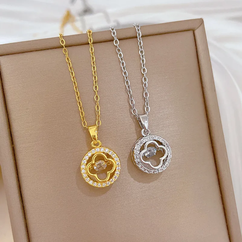 Clover Pendant Necklace Titanium Steel Copper Micro Pave Cubic Zirconia Elegant Jewelry For Women