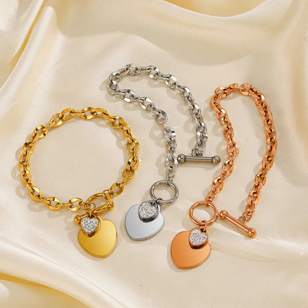 Bracelet En Acier Inoxydable Avec Pendentifs Double Cœur Et Strass Fermoir Cabillot Bijoux Pour Femmes