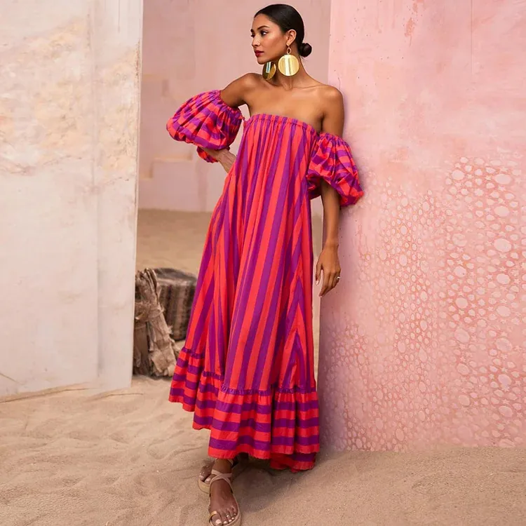 Women Striped Maxi Dress Oversized Puff Sleeve Off Shoulder Polyester Square Neck Tiered Ruffle Hem Beach Holiday
