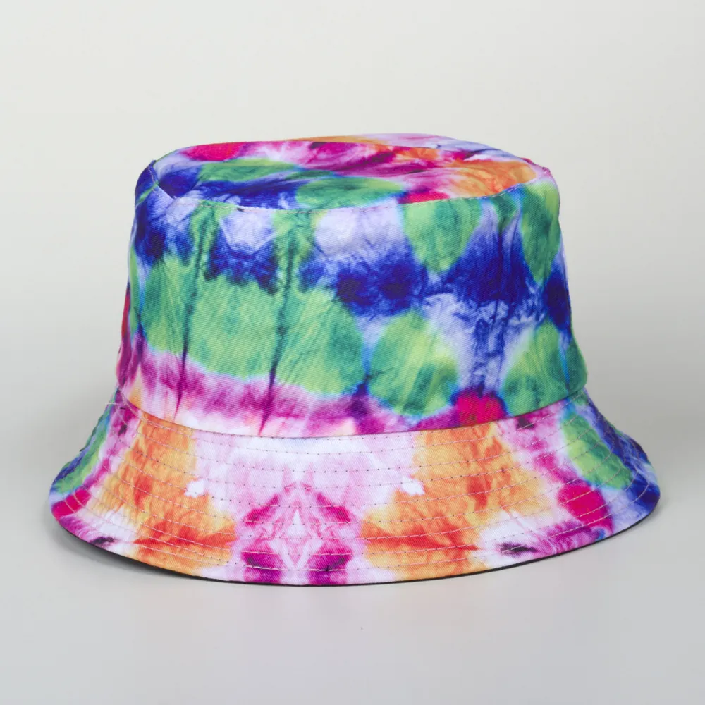 Reversible Tie Dye Bucket Hat Cotton Canvas Colorful Graffiti Print Wide Brim Sun Protection Streetwear Outdoor For Women