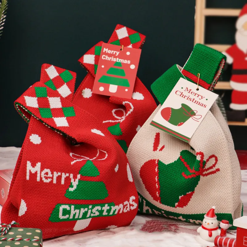 Christmas Gift Bags Knitted Handbags Canvas Drawstring Pouch Apple Packaging Boxes Holiday Party Favors Decor Santa Claus