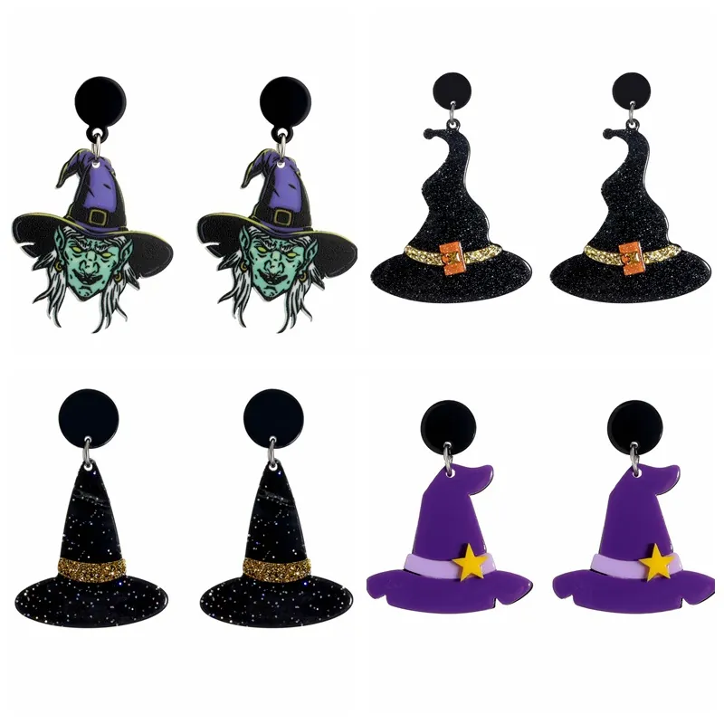 Boucles D'oreilles Halloween En Acrylique Paillettes Chapeau De Sorcier Sorcière Dessin Animé Drôle Accessoires De Fête