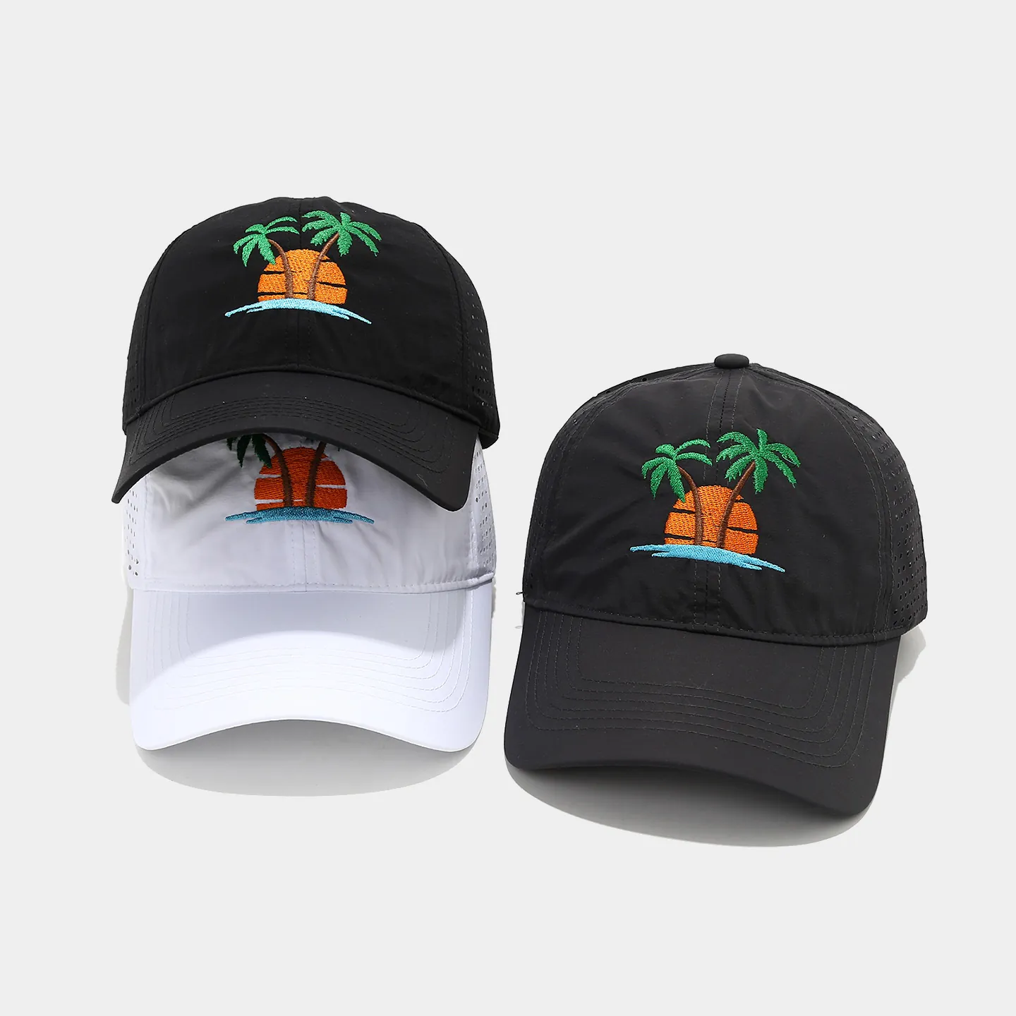 Quick Dry Polyester Baseball Cap Tropical Coconut Tree Embroidery Breathable Laser Cut Holes Adjustable Sporty Sun Hat