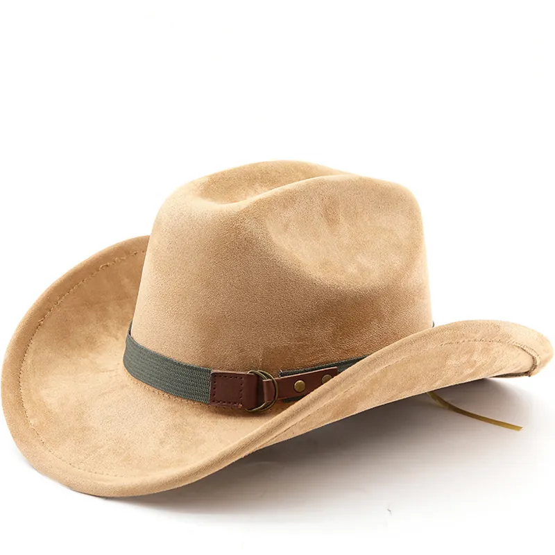 Western Cowboy Hat Faux Suede Felt Retro Wide Brim Ethnic Jazz Style Decorative Belt Buckle For Men Women