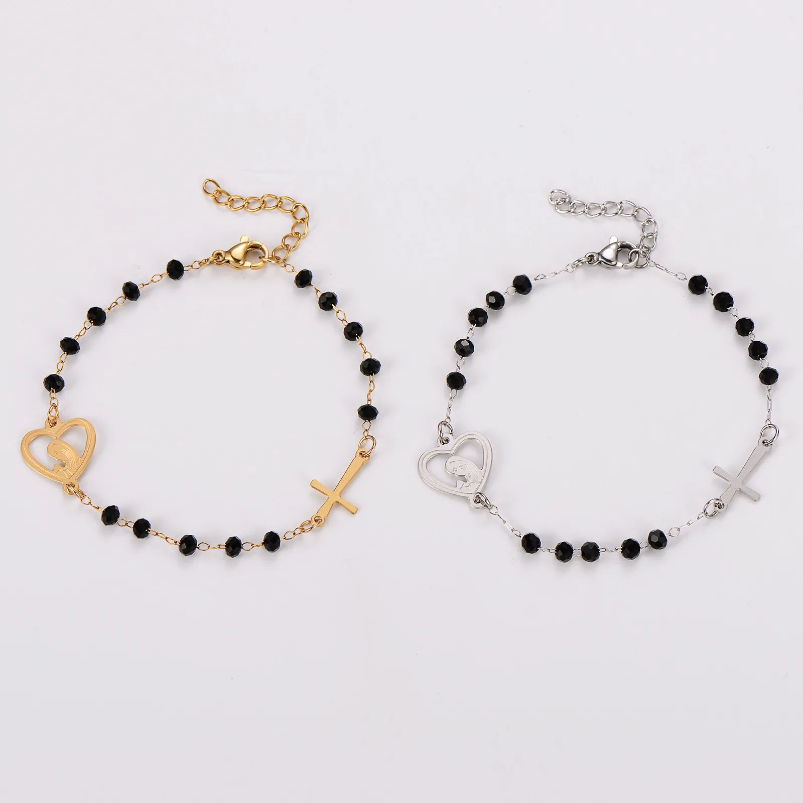 Bracelet Perles Acier Inoxydable Perles Noires Cœur Portrait Vierge Marie Pendentif Croix Bijoux Religieux Ajustable