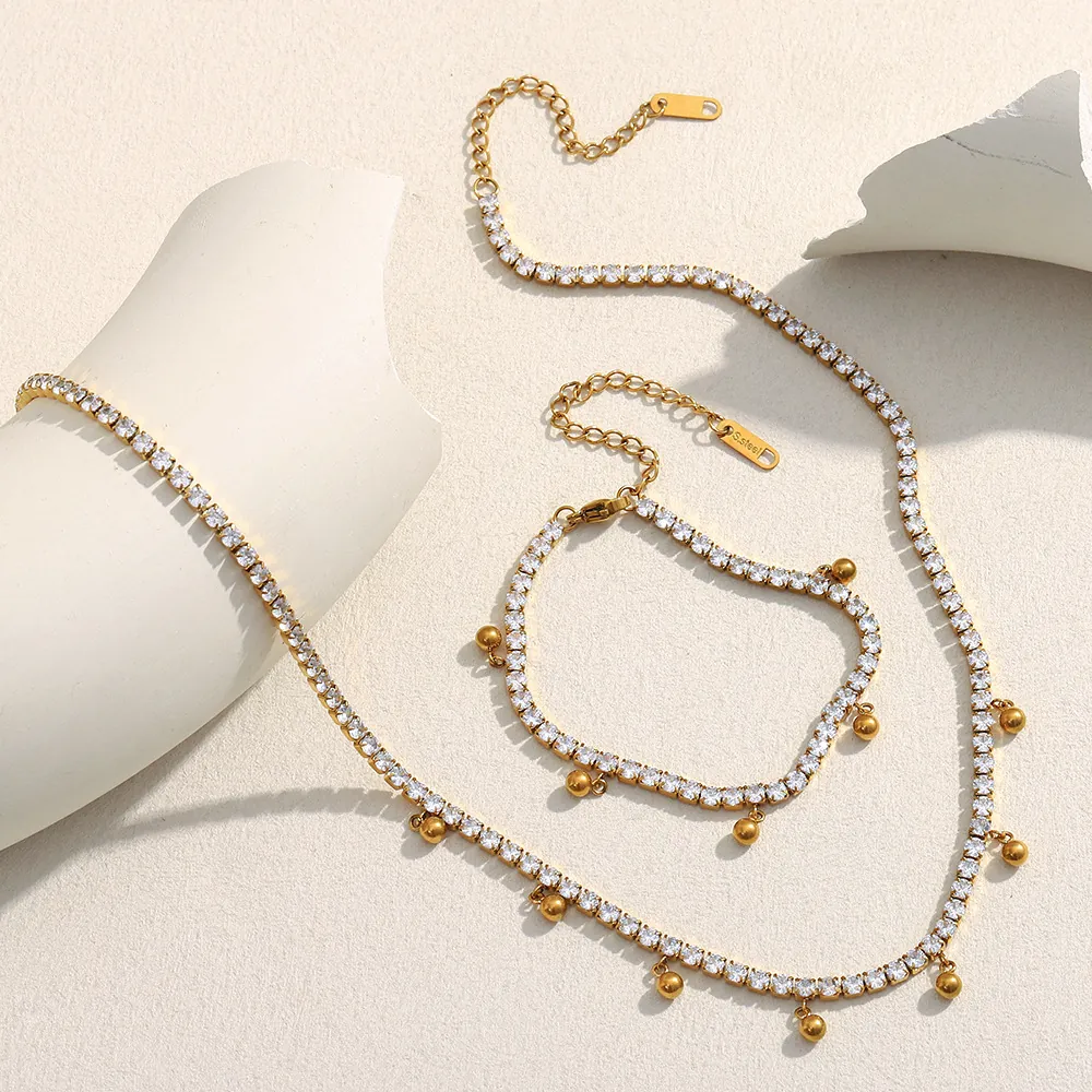 Stainless Steel 18K Gold Plated Cubic Zirconia Round Bead Tassel Necklace And Bracelet Minimalist Fashion Jewelry For Women