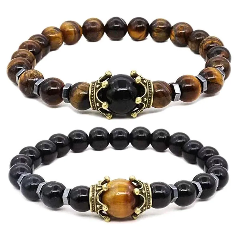 Bracciale Da Uomo Con Perline Occhio Di Tigre Naturale Agata Perle Corona In Lega Elastico Retrò Moda Gioielli Da Mano