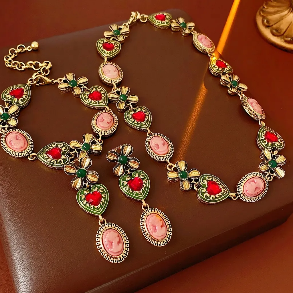 Parure De Bijoux Baroque Vintage Cuivre Émail Strass Cameo Cœur Portrait Collier Bracelet Boucles D'oreilles Pour Femmes
