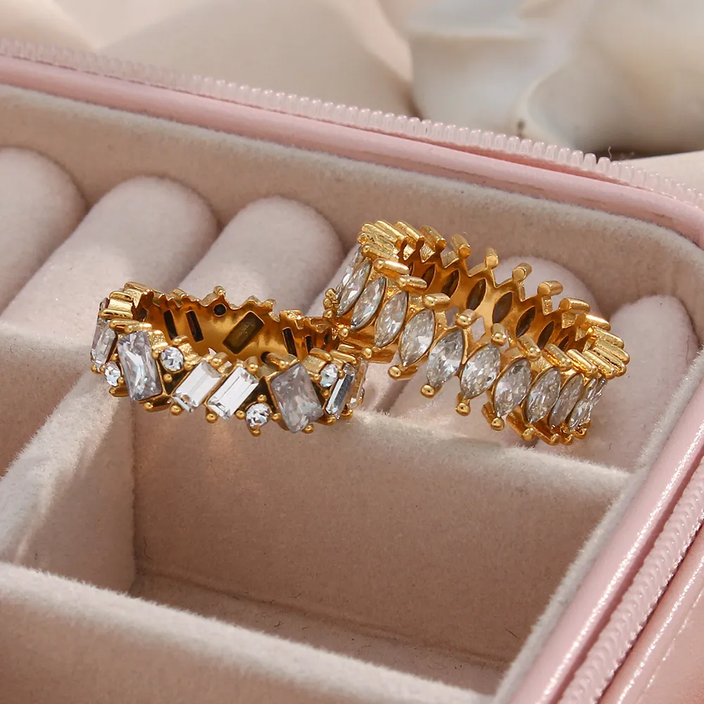 Geometric Marquise Zirconia Stainless Steel Ring For Women Gold Plated Elegant Fashion Jewelry Elegant Finger Ring Accessory