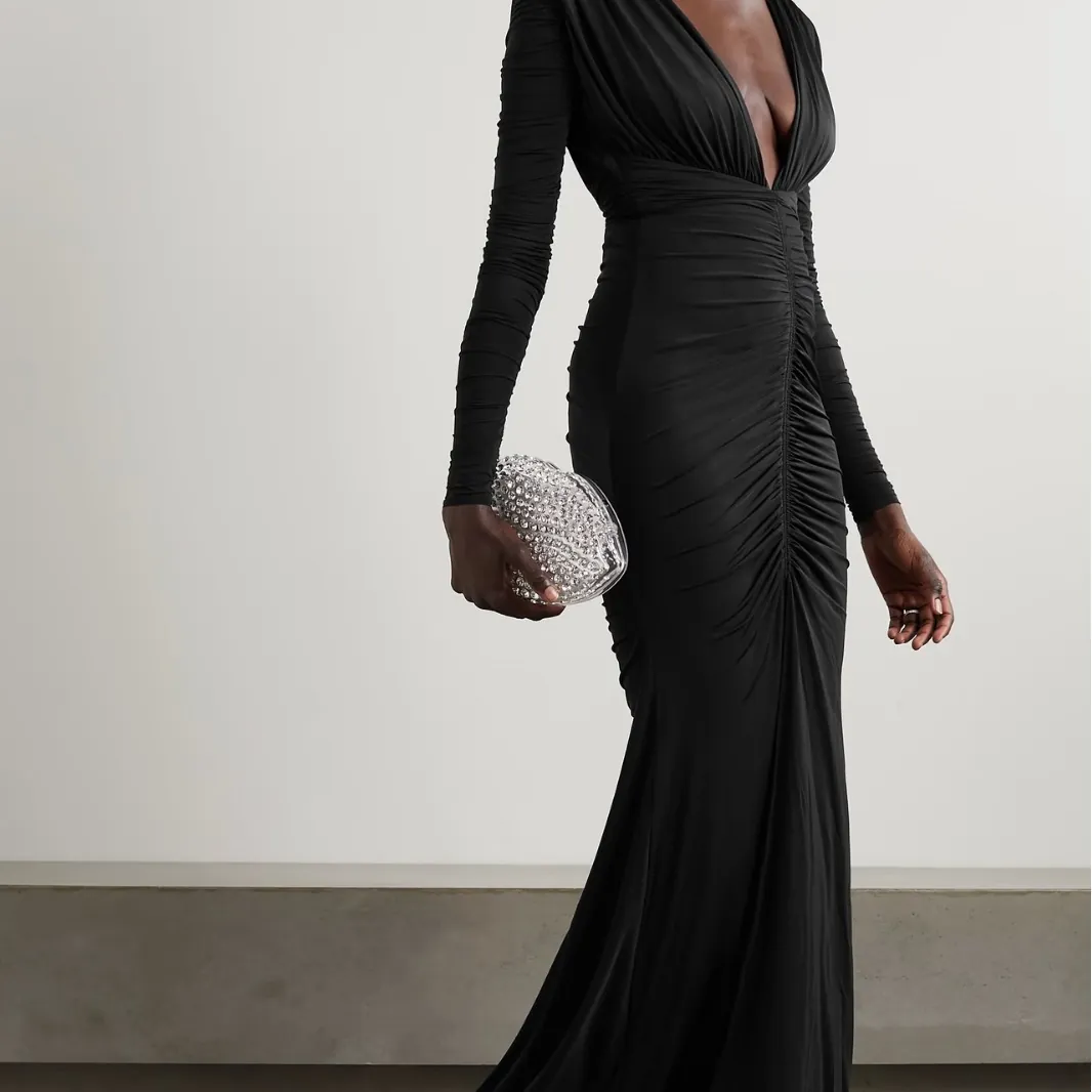 Vestito Lungo Sexy Con Scollo A V Maniche Lunghe Arricciato Schiena Scoperta Spacco Sirena Sera