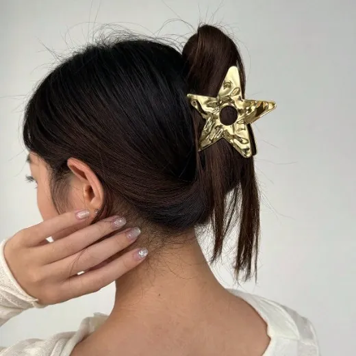 Star Hair Claw Clip Hollow Metal Gold Hammered Texture Large Shark Clip For Women Girls Hair Accessories