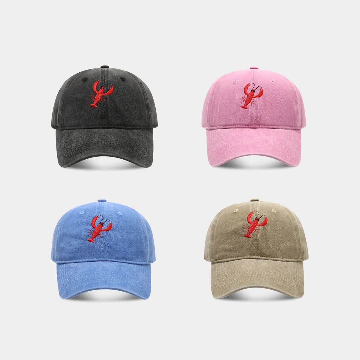 Lobster Embroidery Washed Cotton Baseball Cap Vintage Distressed Adjustable Sun Hat Outdoor Casual Soft Top Sport
