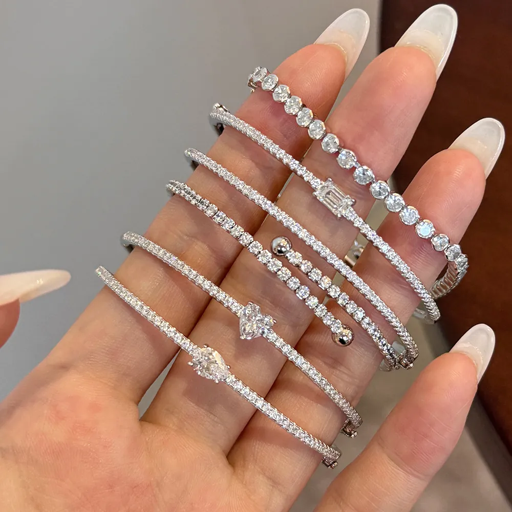 Elegant 925 Sterling Silver Bangle For Women Geometric Pear Heart Zirconia Inlaid Luxury Fashion Hand Jewelry Accessory