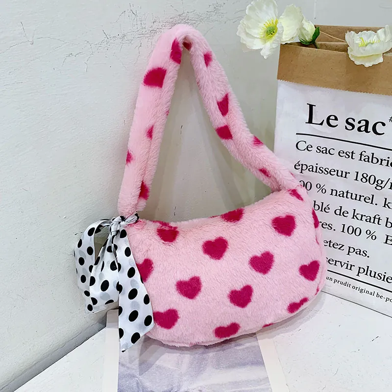 Plush Underarm Bag Faux Fur Heart Floral Pattern With Satin Scarf Bow Decor Soft Cute Sweet Shoulder Handbag For Women Girls