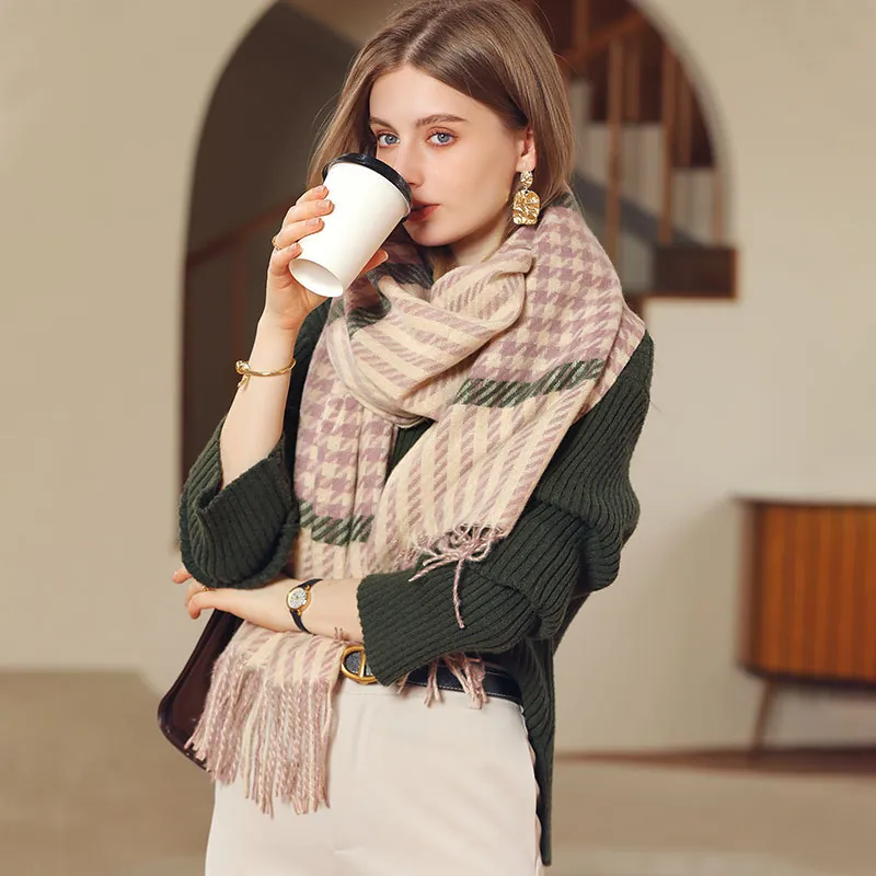 Women Imitation Cashmere Plaid Scarf Warm Winter Printed Houndstooth Tassel Scarf Long Soft Color Block Shawl Wrap For Ladies