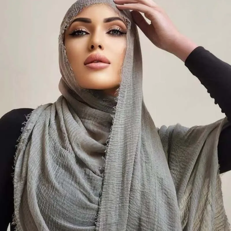 Crinkle Hijab Scarf Cotton Linen Blend Solid Color Long Shawl Wraps With Raw Edge For Women Muslim Fashion