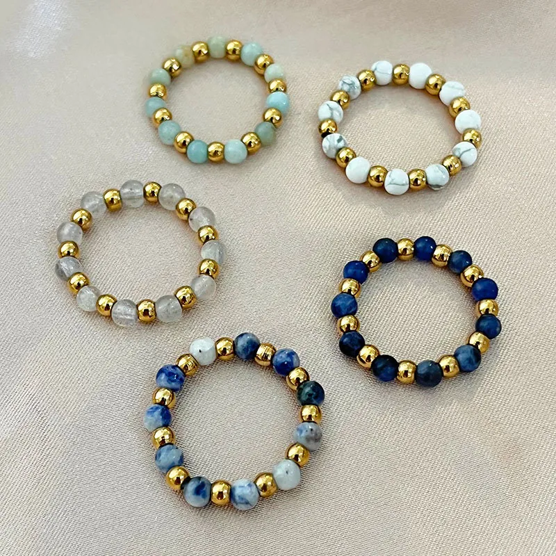 Handmade Natural Stone Beaded Ring Stainless Steel Gold Beads Stretch Elastic Minimalist Boho Jewelry For Women