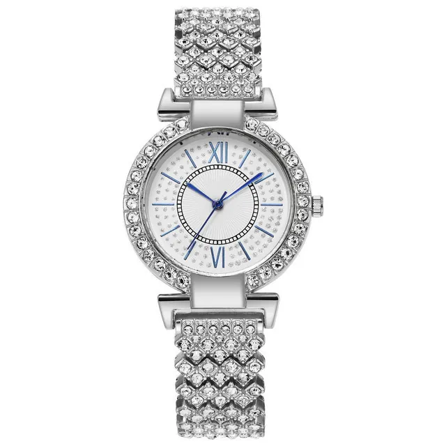 Luxury Women Quartz Watch Elegant Rhinestone Encrusted Alloy Case Stainless Steel Band Roman Numerals Blue Hands Fashion