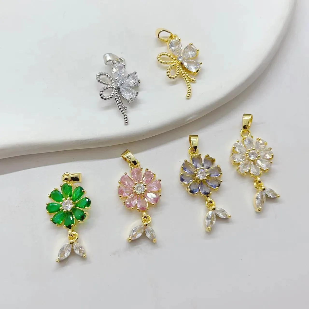Flower Leaf Zircon Pendants Shiny Copper DIY Charms For Jewelry Making Ins Style Luxury Sparkling Findings