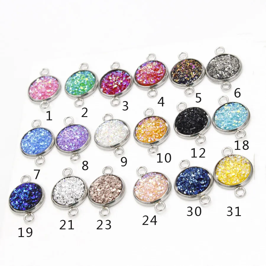 Ronde Druzy Connector Charms Roestvrij Staal Hars Glinsterend Kleurrijk Dubbele Lus Voor DIY Sieraden Maken