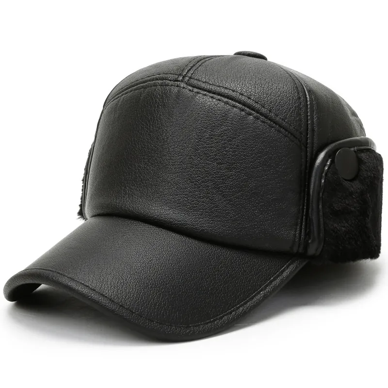 Men Winter Warm PU Leather Baseball Cap With Faux Fur Earflaps Windproof Thermal Outdoor Hat Black