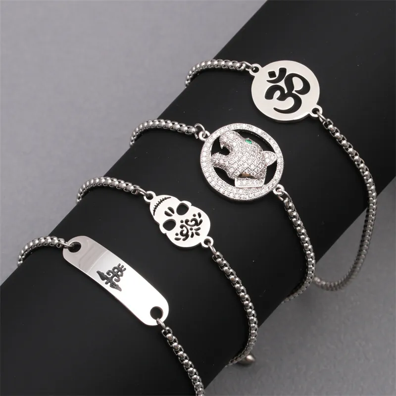 Bracelet Réglable En Acier Inoxydable Punk Hip Hop Tête De Mort Om Tête De Panthère Alerte Médicale Hommes Unisexe