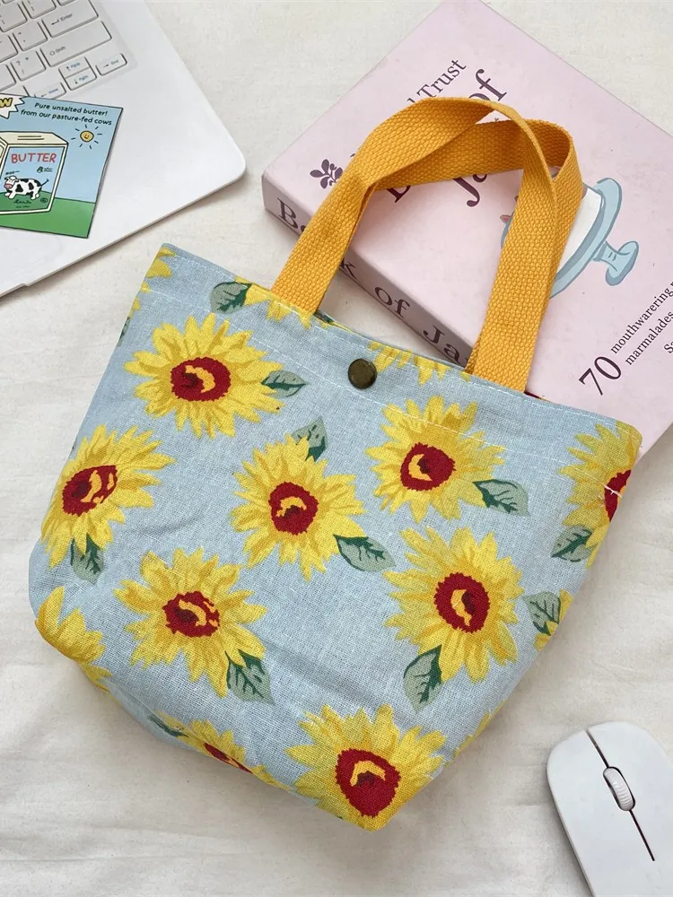 Sunflower Printed Canvas Handbag Portable Linen Tote Bag Fresh Sweet Style Button Closure For Lunch Daily Use