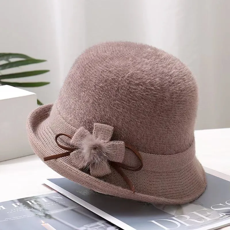 Women Winter Bucket Hat Elegant Flower Pom Pom Decor Knitted Faux Mink Velvet Warm Cloche Hat Adjustable Drawstring