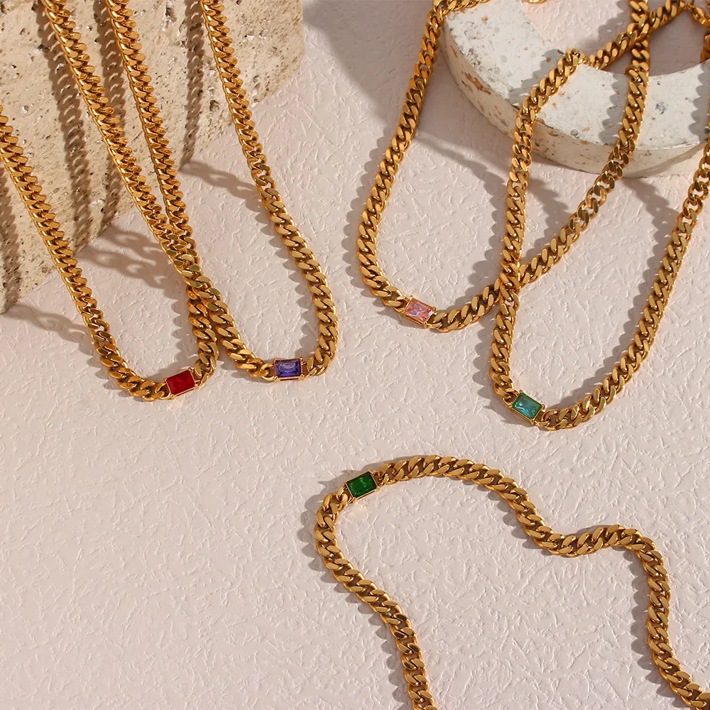 Rectangle Zircon Necklace Stainless Steel Colorful Cuban Link Chain Hip Hop Fashion For Women Trendy Jewelry