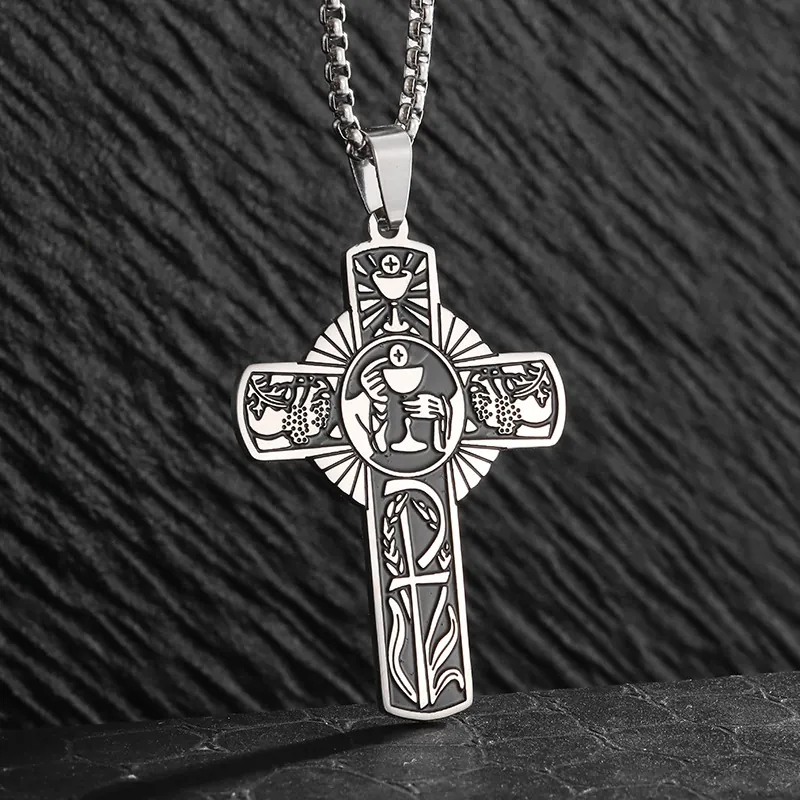 Religious Cross Necklace Stainless Steel Pendant With Holy Grail Chi Rho Symbols Church Jewelry For Men Women