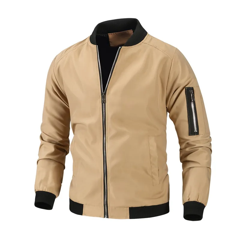 Men Bomber Jacket Windproof Polyester Flight Coat Casual Tactical Outerwear Ribbed Trim Multi Pockets Zipper Fashion