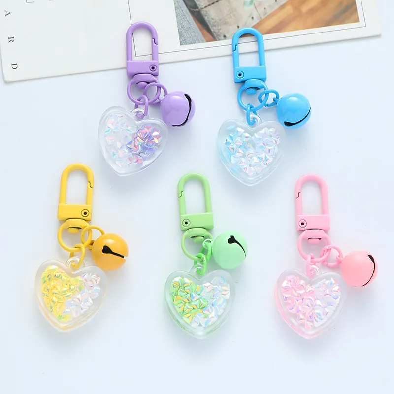 Cute Heart Shaped Acrylic Sequin Keychain With Bell Pastel Macaron Color Bag Pendant For Women Girls Accessories