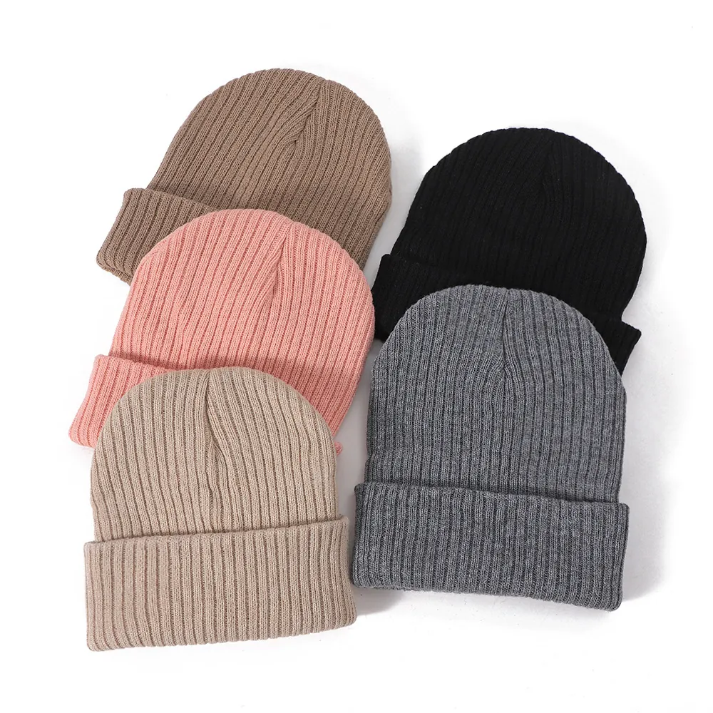 Gorro Beanie De Punto Acanalado De Acrílico Cálido De Invierno Unisex Casual Al Aire Libre Térmico Color Sólido
