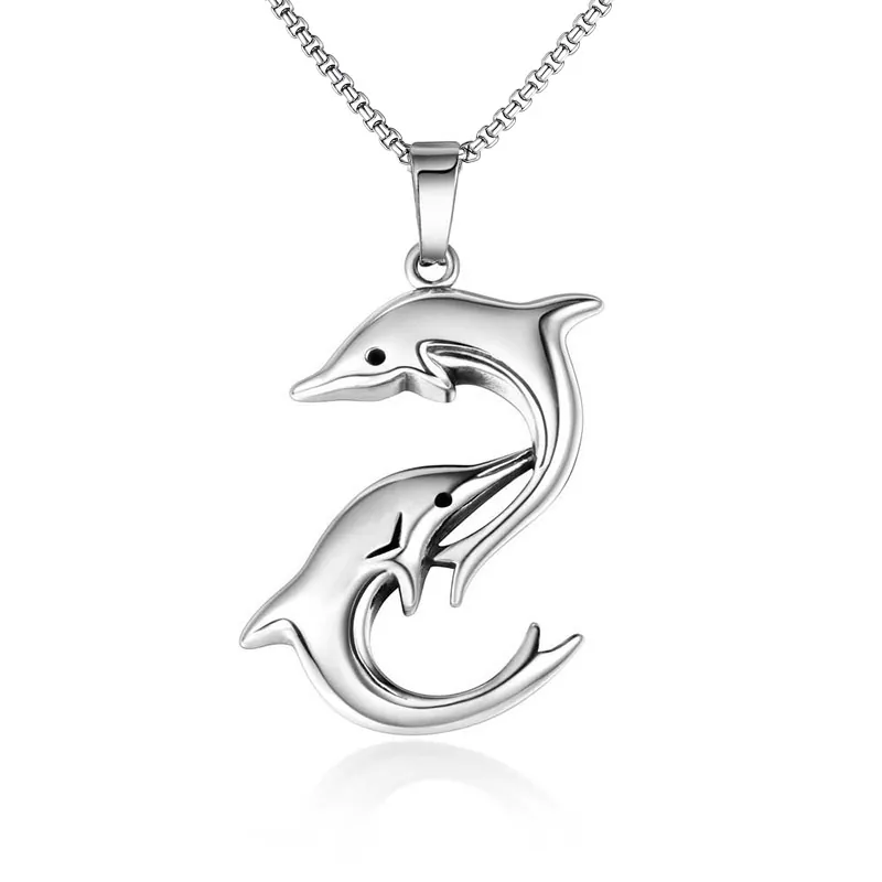 Collier en Acier Titane pour Hommes Femmes Chaîne en Acier Inoxydable Alliage Animal Totem Pendentif Goth Punk Dauphin Dragon Crâne Bijoux Cadeau