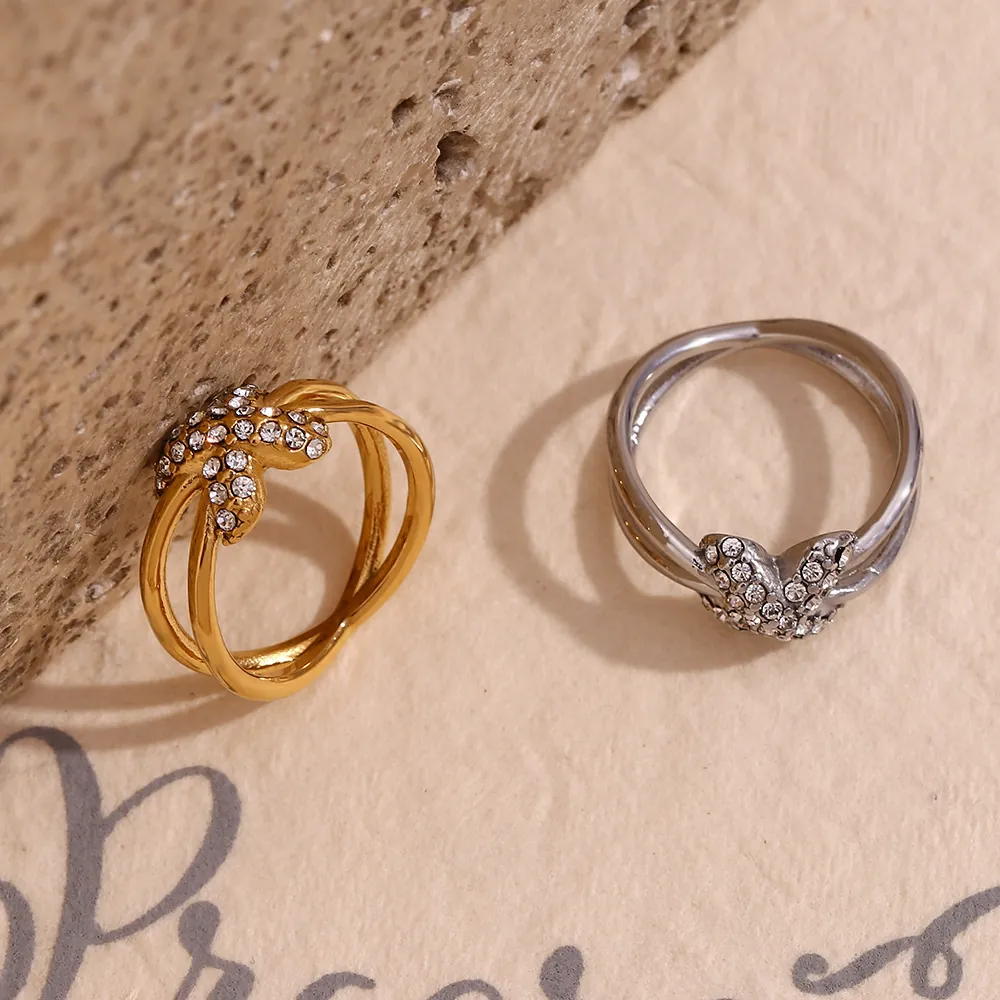 X-Förmiger Doppelring Für Damen 316L Edelstahl 18K Vergoldet Mit Zirkonia Mikroeinlage Nischen-Design Geometrischer Schmuck
