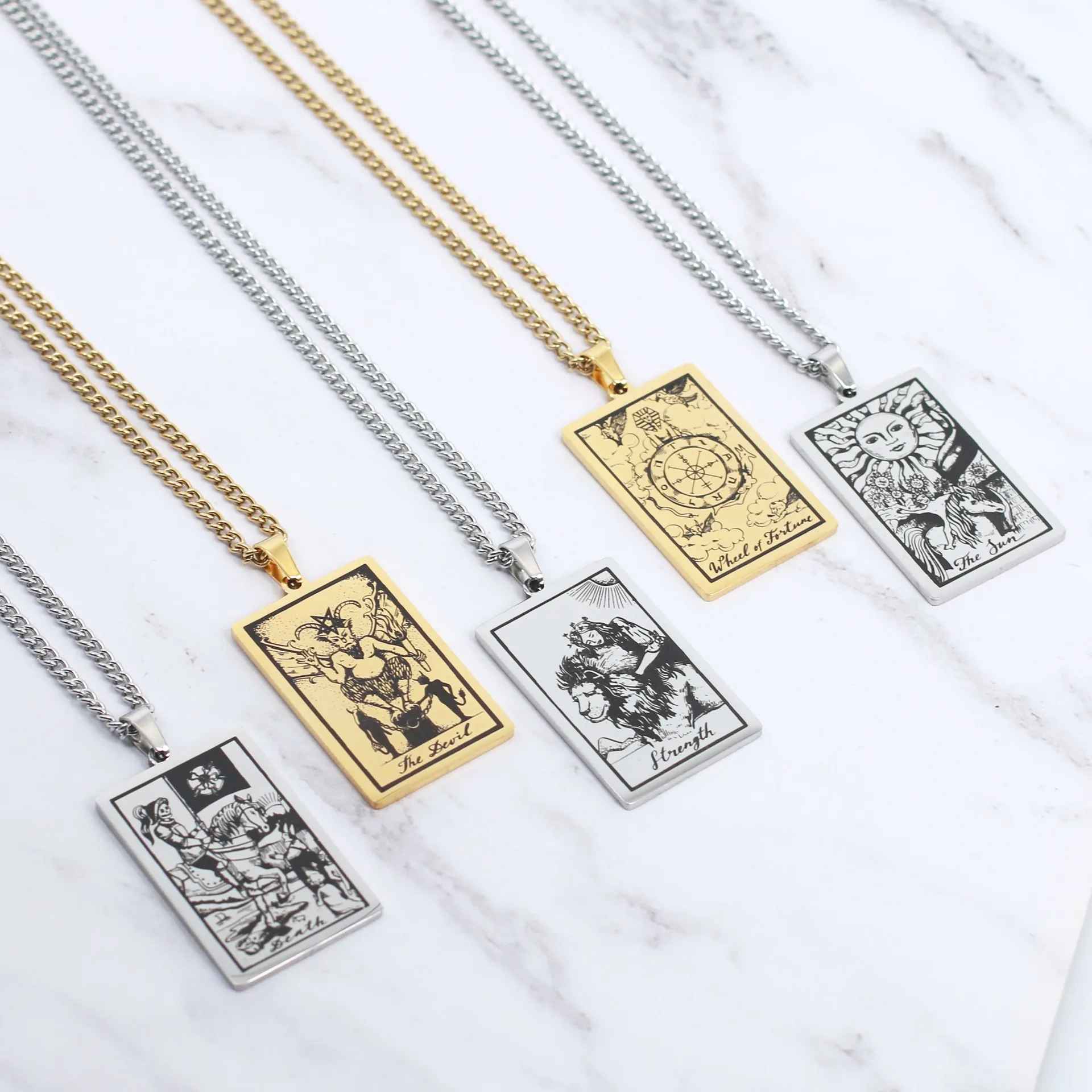 Tarot Card Rectangular Pendant Necklace Stainless Steel Vintage Hip Hop Gothic Mysterious Jewelry For Men Women