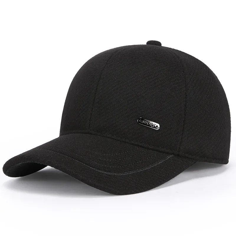 Winter Baseball Cap Woolen Fabric With Ear Protection Warm Windproof Outdoor Sport Hat For Men Adjustable Simple Style